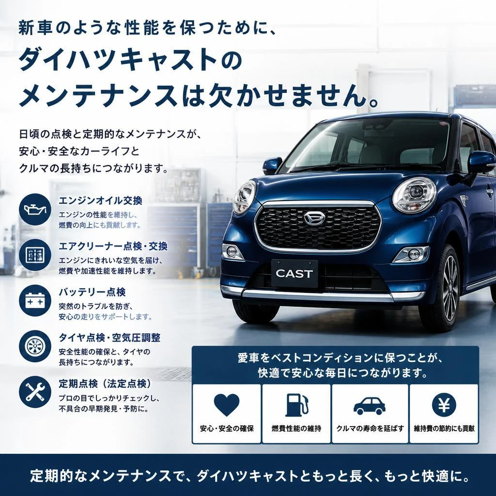 新車のような性能を保つために、ダイハツキャストのメンテナンスは欠かせません。